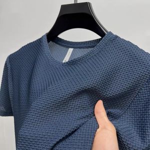 New mens summer bamboo mesh ice silk elastic silk short sleeved fashionable casual comfortable breathable T-shirt high-end clot