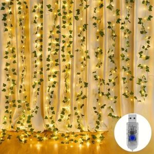 1PC 3M100LED8 Mode USB Artificial Ivy Leaf Curtain Light String Warm White Light Suitable for Outdoor Garden Walls Balconies