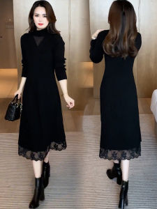 Fashionable Knitted Lace Splice Midi Dress Womens High Waist A-Line Long Sleeve Polyester Fiber Autumn Winter Slimming Dress