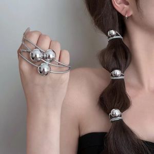 6Pcs Simple Style Silver Color Metal Ball Rubber Bands for Women Girls Exquisite Sweet Cool Elastic Hair Ties Bead Ponytail Holder Hair Accessories