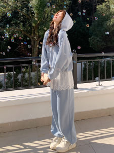 Blue Sport Style Lace Splice Fake Two-Piece Set Womens Autumn New Wide Leg Pants Two-Piece Set High Waist Long Sleeve Hoodie
