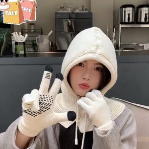 Mũ nón len đội đầu nữ 3 trong 1 kèm khăn quàng cổ xinh đa năng trùm tai mùa đông ấm màu trơn đẹp rẻ