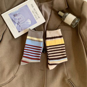 Pure Cotton Striped Socks Womens Mid-Calf Winter Thick Long Tube Socks Breathable Anti-Odor Combed Cotton Home Comfortable