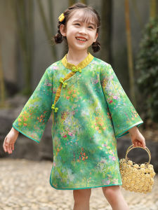 Girls Cheongsam Dress Traditional Chinese Style Reversible Cotton Blend Fabric Spring Autumn Vintage Skirt Fashion Baby Clothes