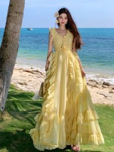 French Style Holiday Long Dress Fairy Skirt Waist Cinching Heavy Embellishment Asymmetrical Hemline Summer Season Womens Dress