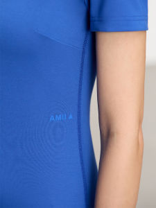 Amii Summer New round Neck Letter Print Short Sleeve Slim Fit Dress Womens Geometric Splitting Slimming Skirt A-Line Midi Dress