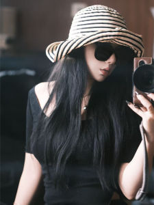 Summer Womens Fishing Cap Sun Protection Foldable Big Brim Hat Casual Striped Face Cover Bucket Hat round Top Cotton Travel Hat