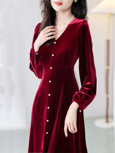 New Years Wine Red Velvet Dress Slimming Waist High Waist A-Line Skirt Long Sleeve V-Neck Commute Elegant Lady Style Dress
