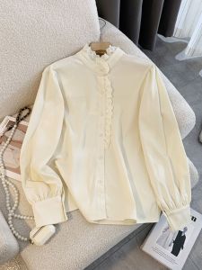 เสื้อเชิ้ตคอตั้งแขนยาวสไตล์ฝรั่งเศสย้อนยุคสำหรับผู้หญิง เสื้อเชิ้ตแขนยาวฤดูใบไม้ร่วง/ฤดูหนาว ดีไซน์ขอบลูกไม้ ทรงหลวม สไตล์ลำลอง