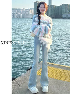 Light Wash High Waist Bell Bottom Jeans Womens Autumn New Small Size Horse Hoof Pants Slimming Bell Pants Cotton Stretch Denim