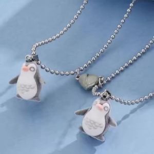 Luminous Grey Heart Cute Little Penguin Couple Necklace Fashionable Illuminated Jewelry Accessory