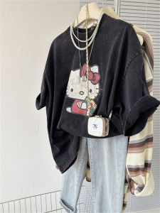 Retro Washed การ์ตูน เสื้อยืดคอกลมแขนสั้นพิมพ์ลาย ผู้หญิง หลวม หลากหลาย ฤดูใบไม้ผลิ ฤดูร้อน รูปแบบใหม่ ทันสมัย เสื้อท่อนบน