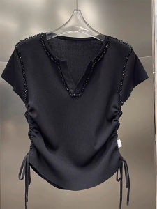 V-Neck Ice Silk Knit Crop T-Shirt