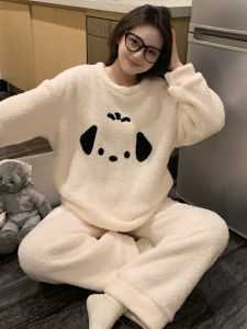 Thickened Coral Fleece Sleepwear Womens Home Clothes Set Half Fleece Winter Pajamas Long Sleeve round Neck Cartoon Dog Pattern