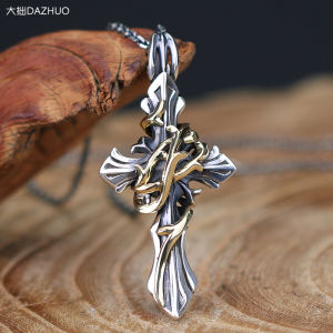 สร้อยคอจี้ไม้กางเขนสามมิติรูปเถาวัลย์ทอง10K สำหรับผู้ชายและผู้หญิงเงินแท้925ทำมือสไตล์ญี่ปุ่นแนววินเทจ