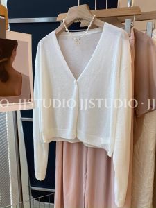 South Korea Dongdaemun Normcore White V-neck Long Sleeves Ice Silk Knitted Cardigan Womens Summer Loose Thin Type Sunscreen Tops