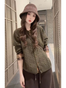 YUEZHONGWEI | Cozy Green Plaid Cable Knit Cardigan