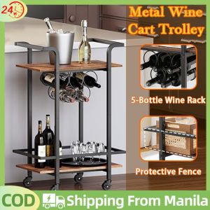 Metal Wine Cart Trolley With Wheels Bar Cart Trolley With Bottle Organizer 2 Layer Wood Storage Rack Cart Birthday Christmas Party Trolley Cart Relax Serving Dining Car For Bar Kitchen Room Restaurant