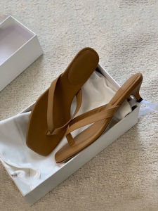 High Heel Strapless Pure Color Leather Flip Flops for Women French Style Fairy Design Casual Daily Wear Rubber Sole Goatskin Lining