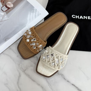 Dép Đế Bằng Đính Đá Dệt Kim Cho Nữ Mùa Hè Thường Ngày Đế Cao Su Pha Trộn Cỡ Lớn Dép Xăng Đan Thời Trang Đi Biển