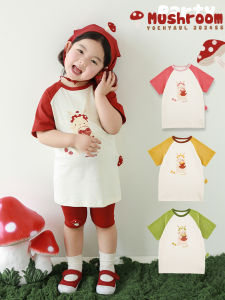 Cute Cartoon Print Mushroom Doll Short Sleeve T-Shirt for Girls Summer Fun Childrens Clothing Cotton Blend Fabric round Neck