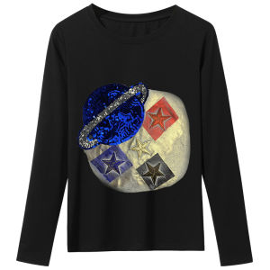 Fashionable Geometric Print Long Sleeve round Neck T-Shirt Womens Base Shirt Spring Autumn Bright Sequins Womens Top
