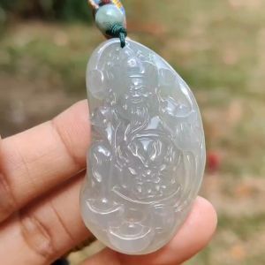 High Quality Icy Translucent Natural Type A Jadeite Jade crafted with God of Fortune as Pendant certificate weighs 24.19 grams measurement 48.8 * 27.3 * 10 mm (pendant274)