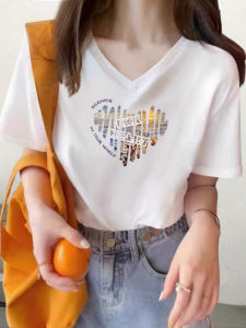 White Cotton Short Sleeve T-Shirt Women V-Neck Loose Slim Fit Summer New Print Regular Shoulder Top Korean Style Casual Wear