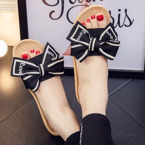 Linen Slippers Womens Indoor Home Shoes Soft Bottom Anti-Slip Lightweight Silent Summer Fashion Butterfly Knot Slip-On Sandals