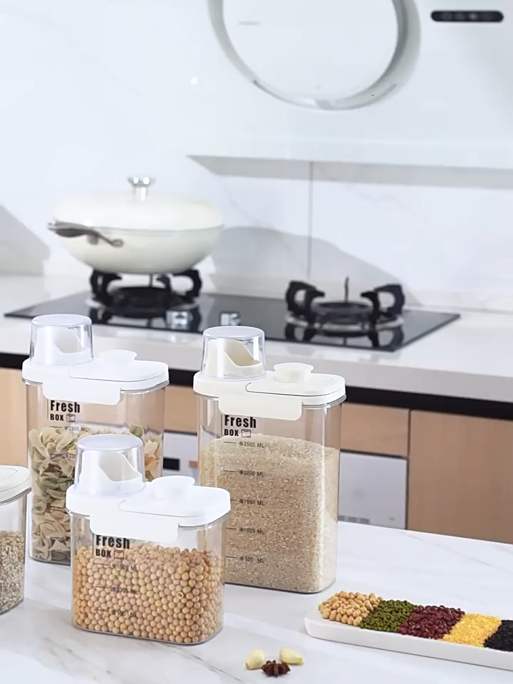 Airtight Food Storage Box Container LeakProof Kitchen Canister Jar with Measuring Cup Plastic Transparent Seal