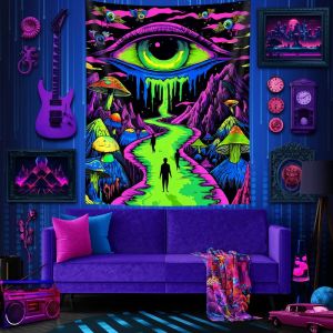 VIKAMA Blacklight Eye Neon Xanh Ảo Giác Tấm Thảm Núi Nấm Treo Tường UV Trippy Nghệ Thuật Siêu Thực Trang Trí Polyester