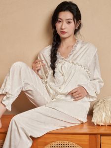 Womens Sleepwear Ice Silk Long Sleeve V-Neck Home Clothes Set Spring Summer New Style Pure Desire Wind Silk White Home Sweet Home