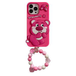 【New】Cute Anime Strawberry Bear Anti-drop Liquid Silicone Phone Case with Bracelet For iPhone 6 7 8 X  XS XR 11 12 13 14 15 16 Series