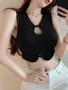 New Chinese Style Short Crop Top Womens Summer Design Hollow out Retro Vest Belted Button Strap Spicy Girl Fashion Commute