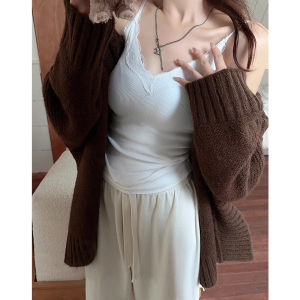 เสื้อกั๊กแขนกุดคอวีลึกผ้าลูกไม้สำหรับผู้หญิง ฤดูใบไม้ร่วง/ฤดูหนาว ใส่ภายนอก ดีไซน์หลังสวยงาม เสื้อชั้นใน ขนสัตว์ ด้านใน เสื้อสเวตเตอร์ ไม่มีแขน