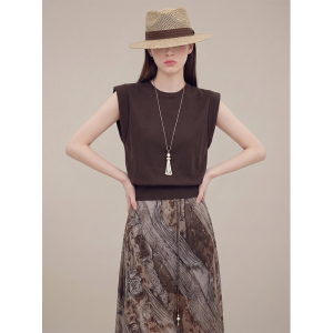 GULILI | Vacation Style Loose Comfortable Deep Brown Knit Vest and Skirt Set