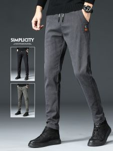 ROMON | Romon Mens Casual Pants Elastic Waist Youth Fashion Slim Fit Spring Autumn New Style Trendy Long Trousers Cotton Polyester Blend