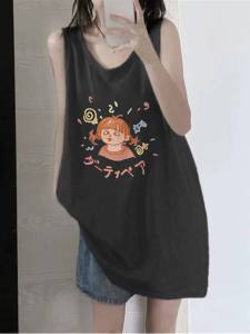 เสื้อกั๊กแขนกุดคอวีผ้าฝ้ายแท้สำหรับผู้หญิงในฤดูร้อน ทรงหลวม สไตล์บาสเก็ตบอล แขนกุด คอวี แขนกุด แฟชั่นฤดูร้อน