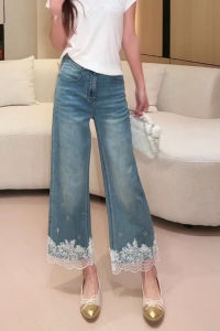 MANMI | Quần Jeans Đùi Rộng Có Viền Ren cho Phụ Nữ 9 Phân