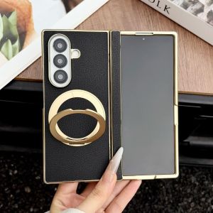 360° Magnetic Ring Stand Lychee Texture PU Leather Case for Samsung Z Fold 8 Ultra 7 for MagSafe Hinge Protection Anti-Drop Case