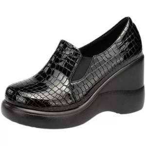 A-7 Black Crocodile Pattern Wedge Shoes with Thick Sole for Women