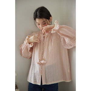 Elegant Pink French Style Shirt Womens Long Sleeve Bow-Tie Collar Spring Fashionable Blouse Nov Elist Ruche Detail Shirt