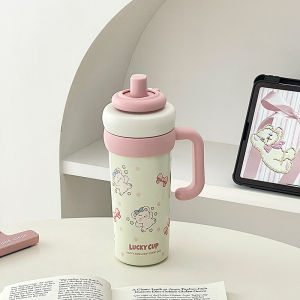 Cute Huge Capacity Vacuum Insulated Mug Ceramic Lining Straw