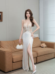 ชุดราตรีเซ็กซี่หรูหรา ชุดยาวคลุมเข่า แขนสั้น คอวี ประดับเพชร ชุดเดรสผู้หญิง ชุดราตรีสุดหรู ชุดเจ้าสาว ชุดทำงาน