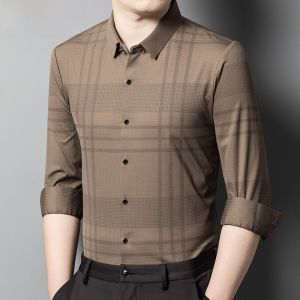 HENGYUANXIANG | Iron-Free Standard Fit Long Sleeve Mens Shirt Casual No-Trace Autumn New Business Dad Clothes Nylon Fabric Commute Style Plaid