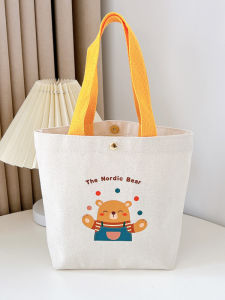 Fashionable Canvas Handbag Versatile Womens Bag Lunch Box Bag Printed Logo Bucket Shape Soft Handle Casual Magnetic Buckle Closure