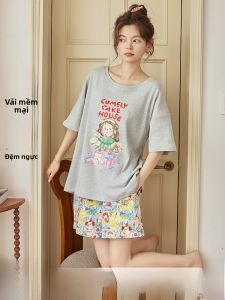 MiiOW | Pure Cotton Summer Short Sleeve Womens Sleepwear Set With Chest Pad Cartoon Cute Style Home Clothes Outdoor Wearable Thin