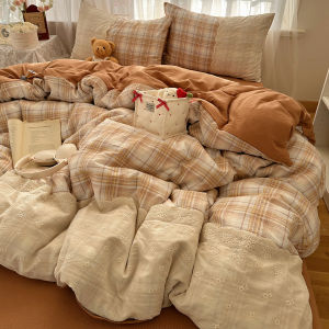 Retro Plaid Bedding Set Lace Trim Single Bedding Duvet Cover Bedding Three-Piece Set Queen Size Bedding Four-Piece Set