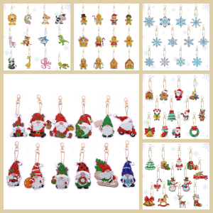 12 DIY Christmas/animal-themed diamond art painting sets with crystal embellishments and embroidered keychain decorations