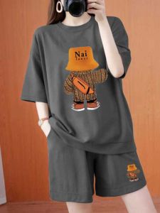 Womens Summer Casual Cotton Short Sleeve Shorts Set Loose Fit Fashionable Sporty Anti-Aging Two-Piece Outfit round Neck